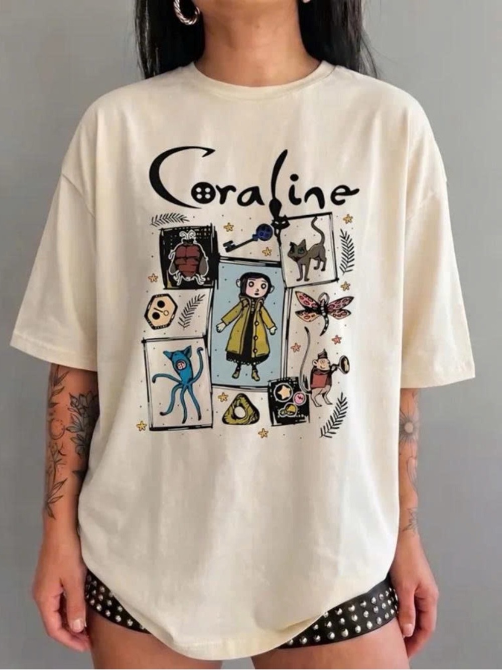 Vintage Cream Halloween Coraline Graphic Tee with Multicolor Storybook Print